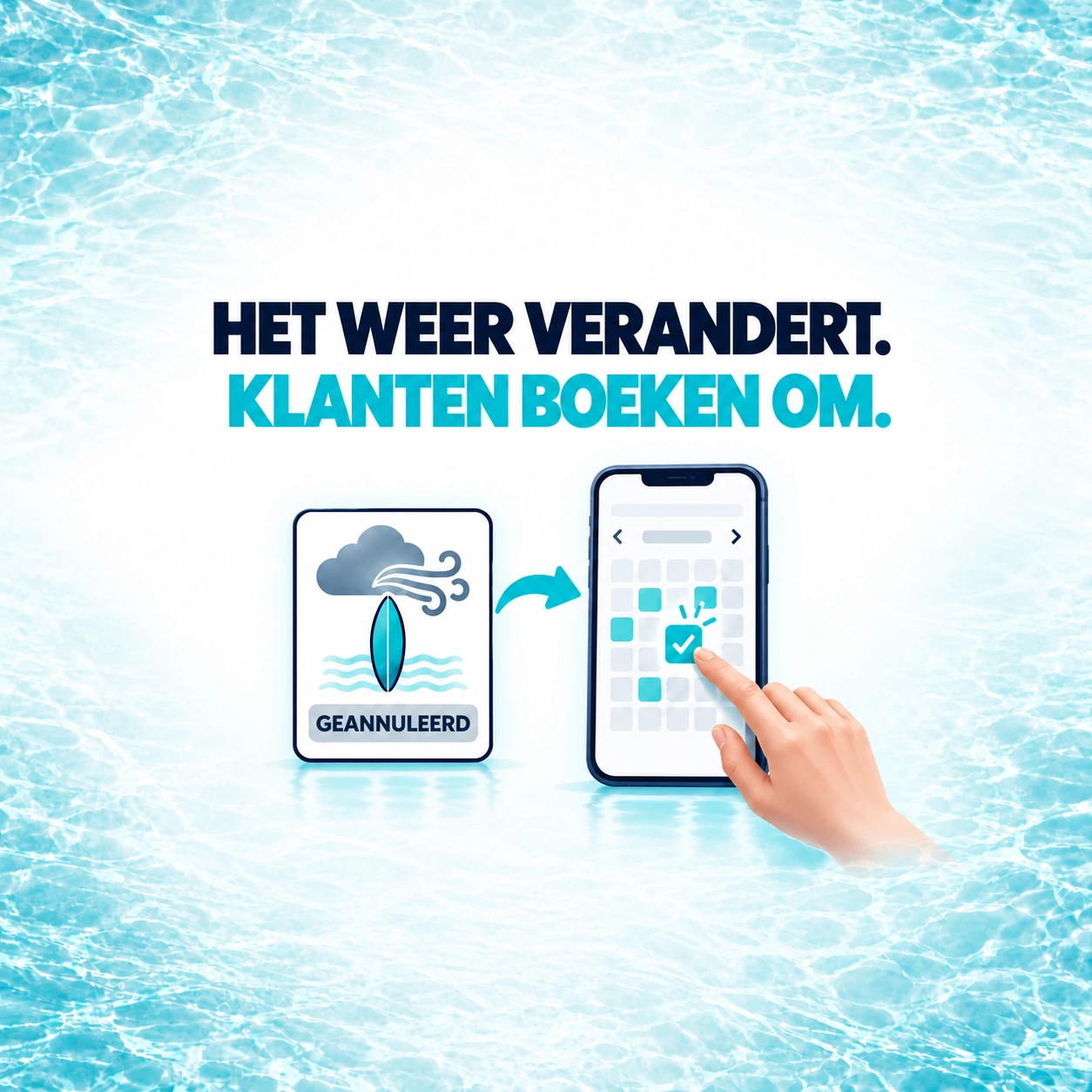 Een wegens het weer geannuleerde watersportles leidt naar een telefoon waarop een klant zelf een nieuwe beschikbare lesdatum kiest.