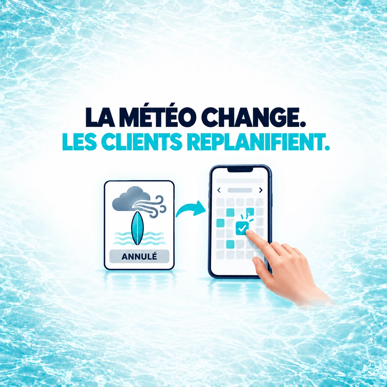 Un cours de sports nautiques annulé à cause de la météo mène à un téléphone sur lequel le client choisit une nouvelle date disponible.