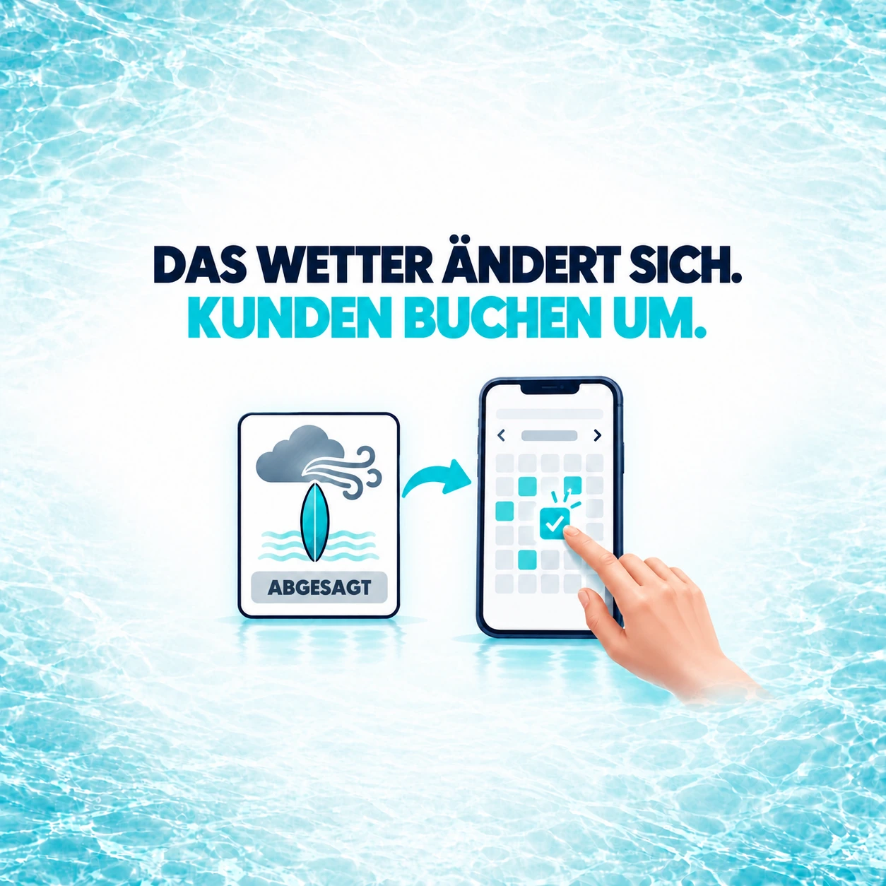 Eine wetterbedingt abgesagte Wassersportstunde führt zu einem Smartphone, auf dem ein Kunde selbst einen neuen verfügbaren Termin auswählt.