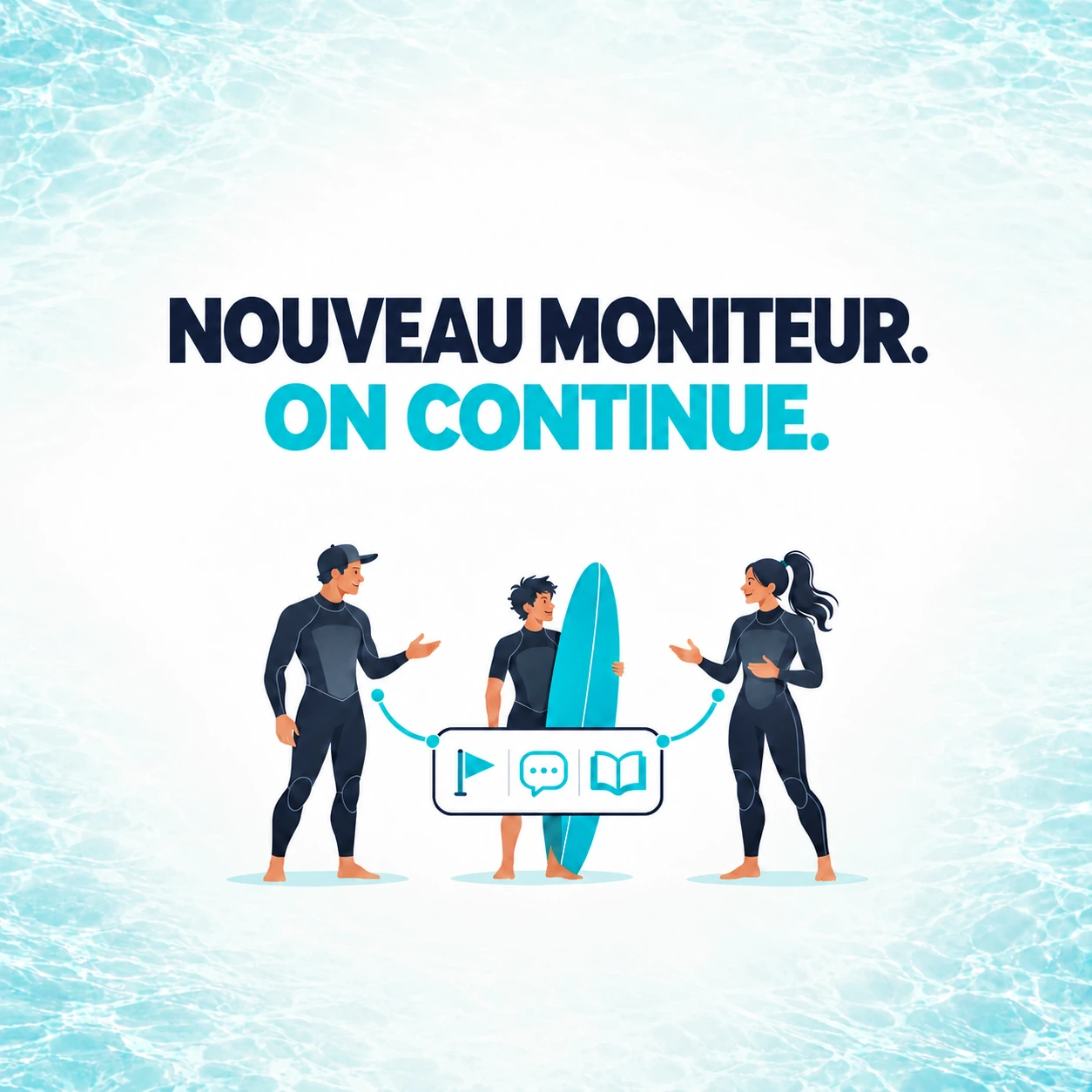 Un élève avec une planche de surf entre deux moniteurs, reliés à des informations partagées sur son niveau, les commentaires et la théorie des cours.
