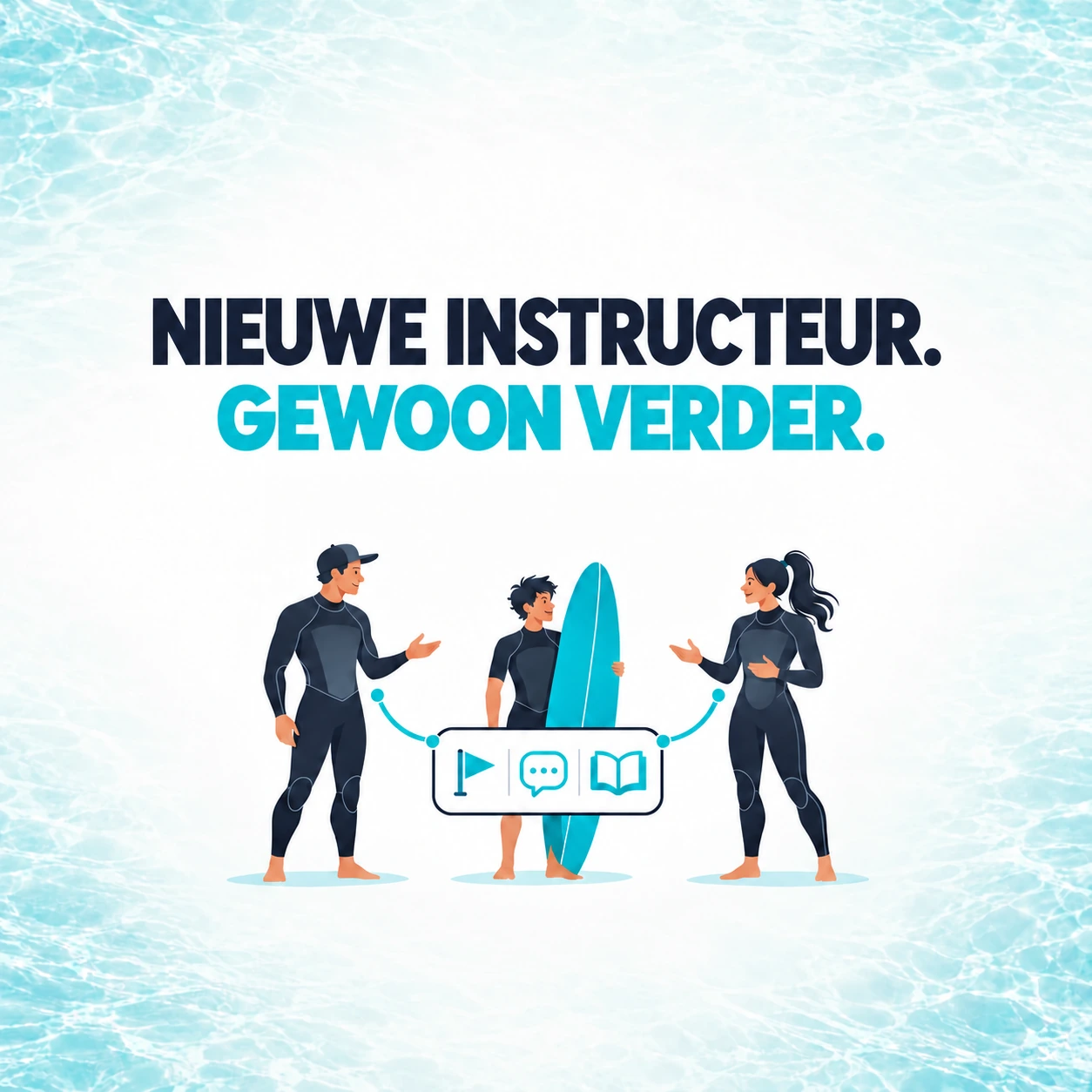 Een cursist met een surfboard tussen twee instructeurs, verbonden met gedeelde informatie over niveau, instructeursnotities en lestheorie.