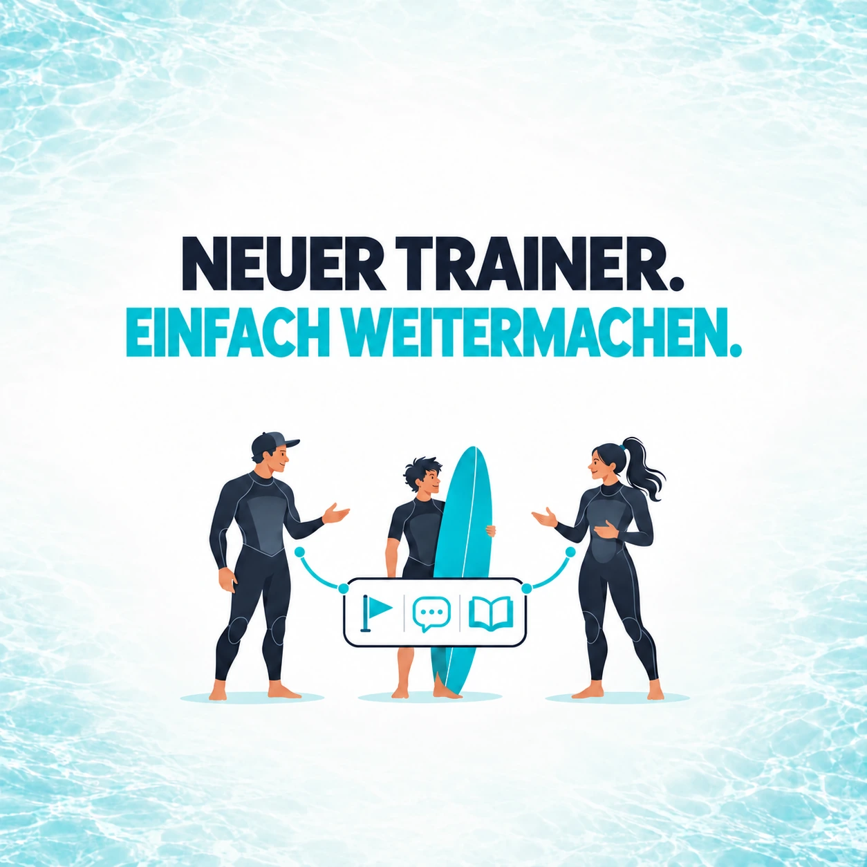 Ein Teilnehmer mit Surfbrett zwischen zwei Trainern, verbunden mit gemeinsamen Informationen zu Lernstand, Trainernotizen und Unterrichtstheorie.
