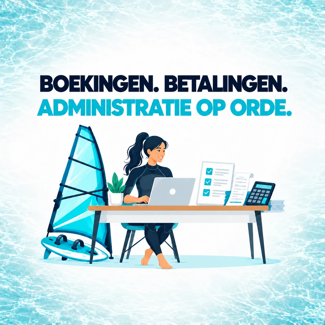 Een watersportondernemer verwerkt boekingen, betaalgegevens en de boekhouding op een laptop naast windsurfmateriaal.