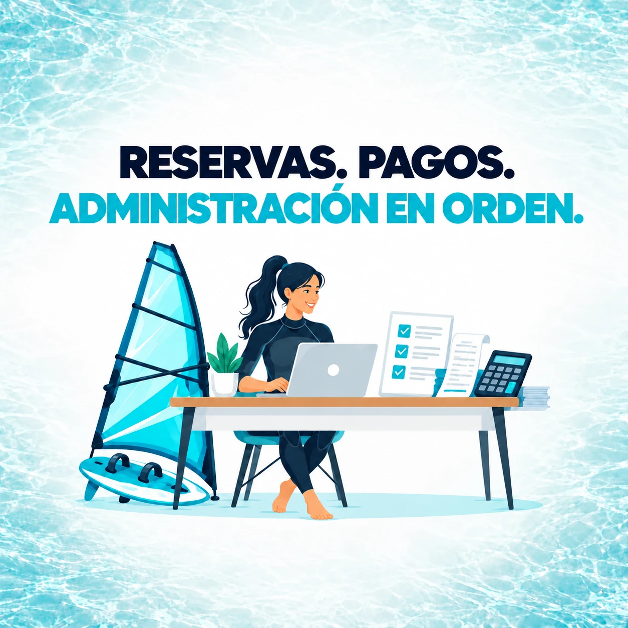 Una responsable de un centro náutico organiza reservas, pagos y contabilidad en un portátil junto a material de windsurf.