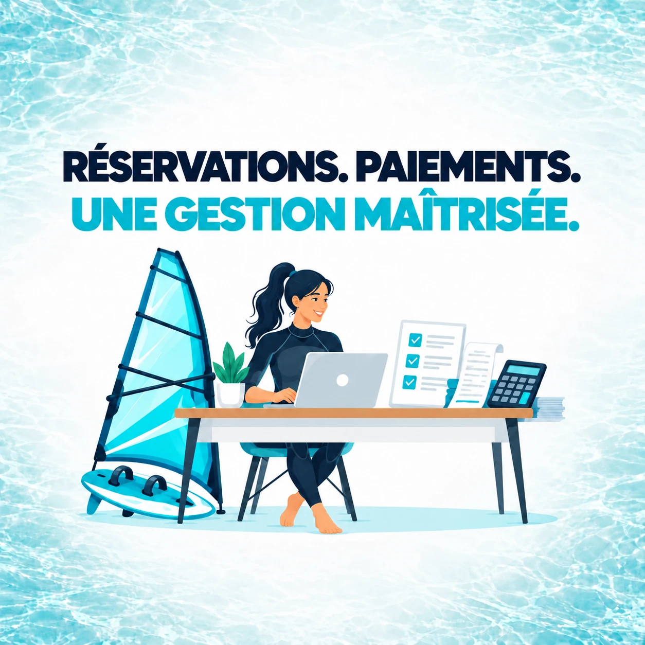 Une responsable de centre nautique gère les réservations, les paiements et la comptabilité sur un ordinateur portable, à côté de matériel de windsurf.