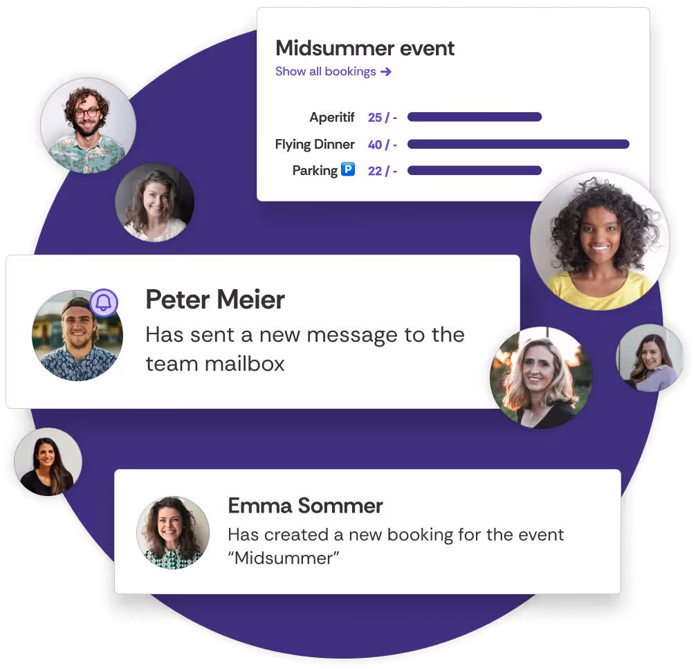 A collage of various guest management features, including profile pictures, a comment notification, a quota bar from the event dashboard, and a booking notification.