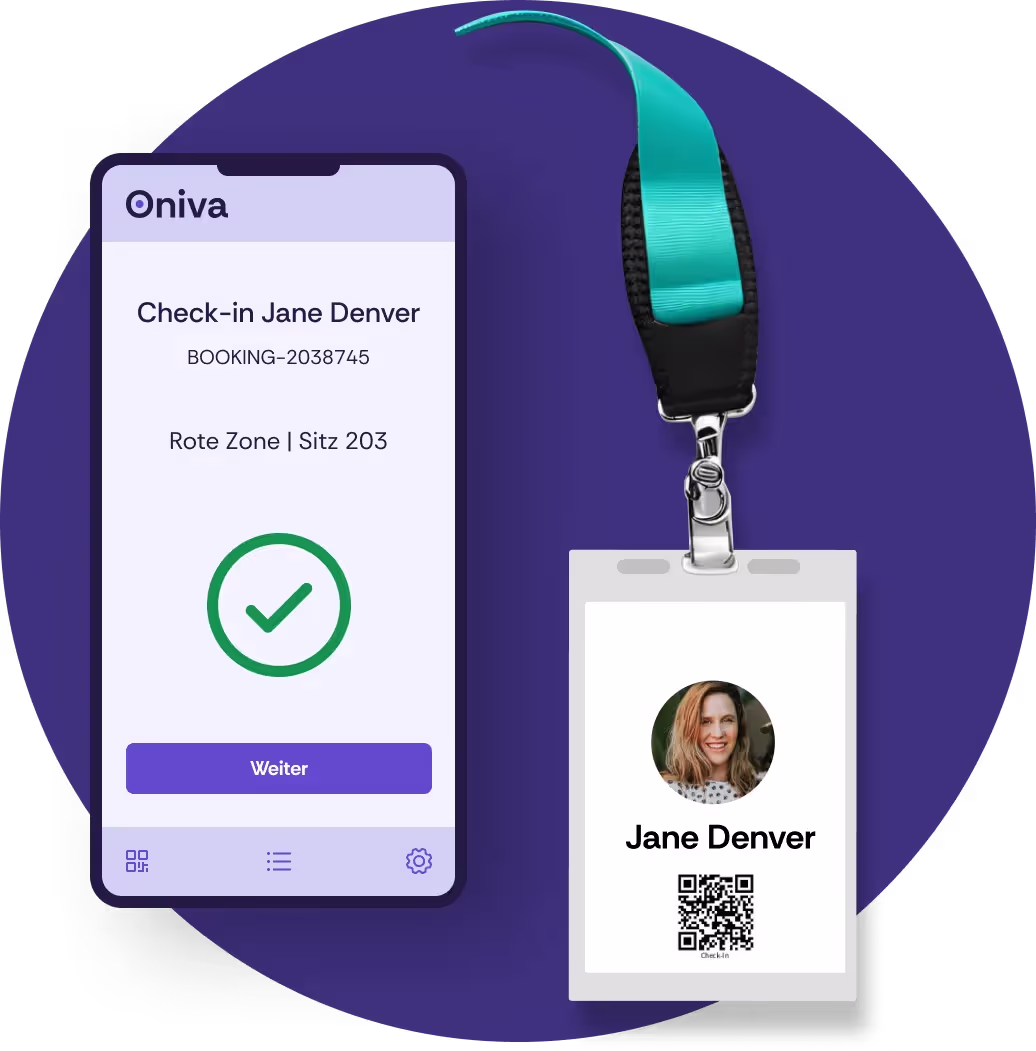 Ein Screenshot der Oniva Check-In App und eines Event Badges.