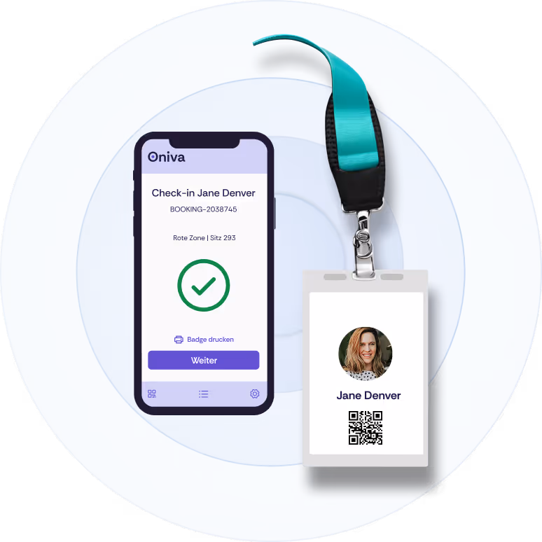 Ein Smartphone mit geöffneter Oniva Check-In App beim Scannen eines gültigen Tickets, daneben ein Event Badge.