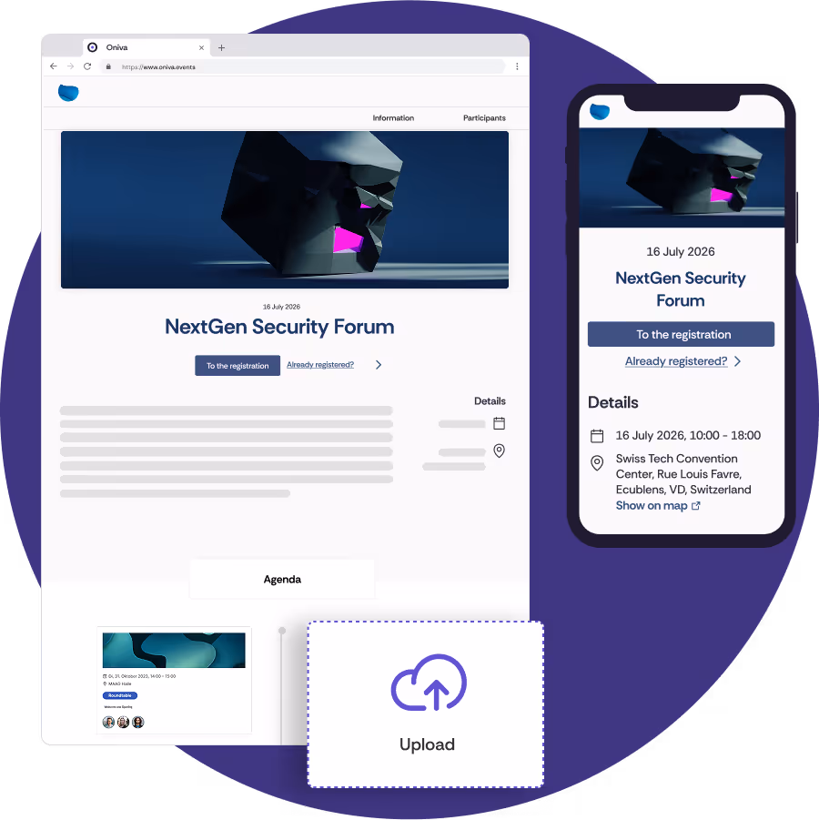 Illustration of an event website on a mobile device and desktop. In addition to the mobile view, the desktop shows a drag-and-drop element that illustrates the flexible expandability of the website.