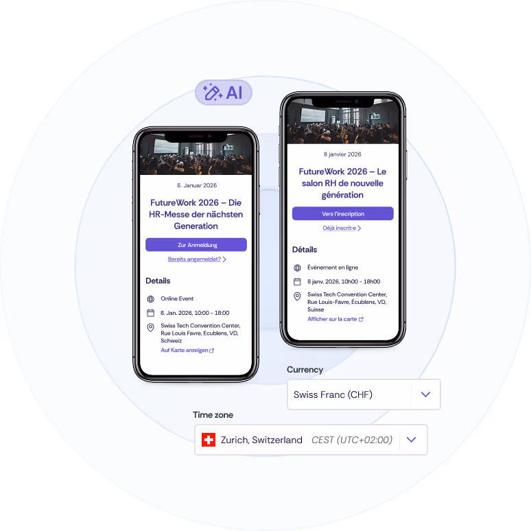 An event website displayed on two smartphones in German and French.
