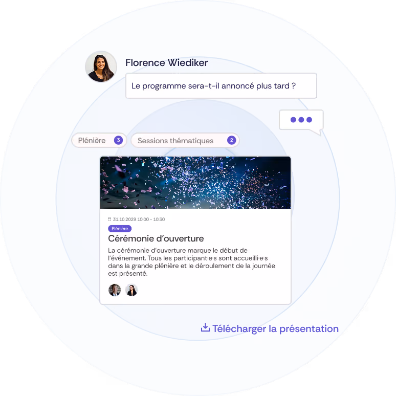 Illustration de différentes sections du site web de l'événement, qui permet de télécharger des présentations, offre une fonction de commentaire pour les invités et affiche le programme avec des options de filtrage.