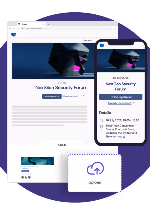 Illustration of an event website on a mobile device and desktop. In addition to the mobile view, the desktop shows a drag-and-drop element that illustrates the flexible expandability of the website.