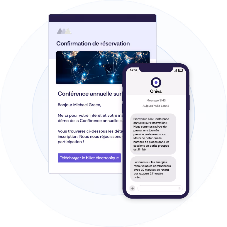 Image de deux notifications d'événement envoyées par e-mail et SMS. L'e-mail est une confirmation de réservation, le second est une information sur l'événement lui-même envoyée par SMS.
