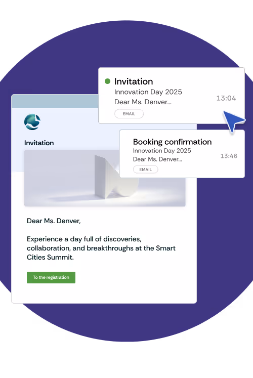 Illustration of an event invitation with a personalised greeting and a button for registration. Next to it is a preview of a mailbox containing the invitation and a booking confirmation attached.