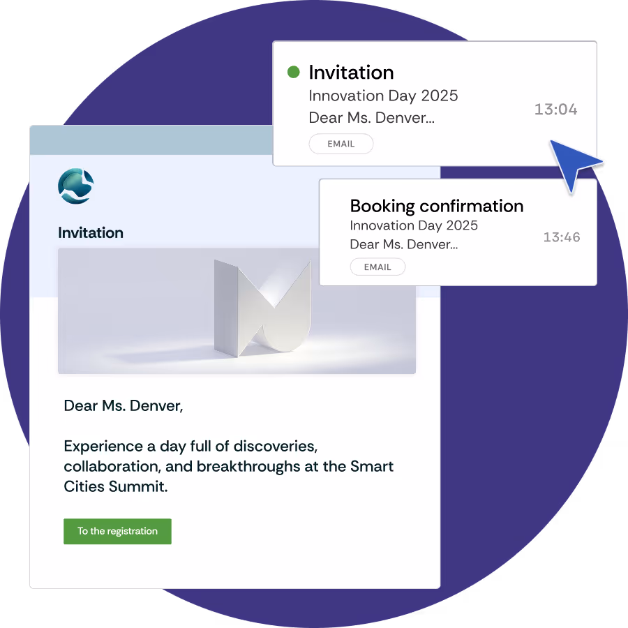 Illustration of an event invitation with a personalised greeting and a button for registration. Next to it is a preview of a mailbox containing the invitation and a booking confirmation attached.