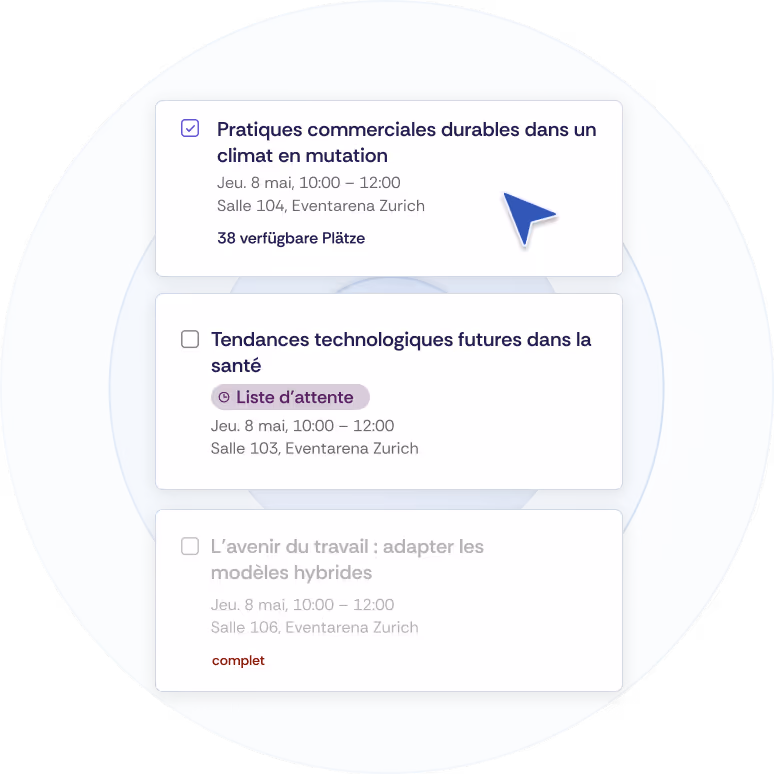 Trois options de réservation, dont une complète et une avec liste d'attente.