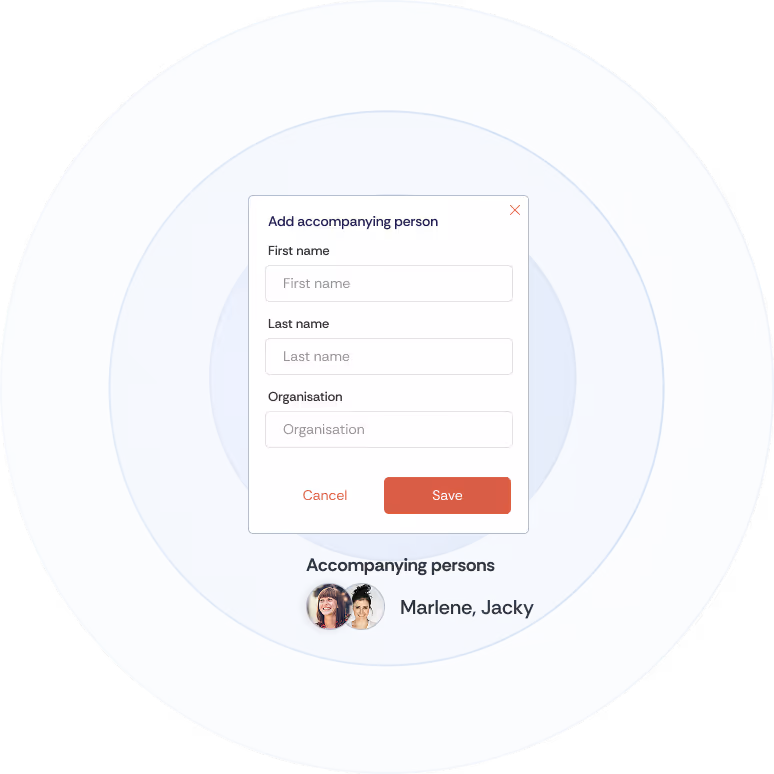 Excerpt from the registration of accompanying persons and their registration form. Below are two accompanying persons who have already registered.