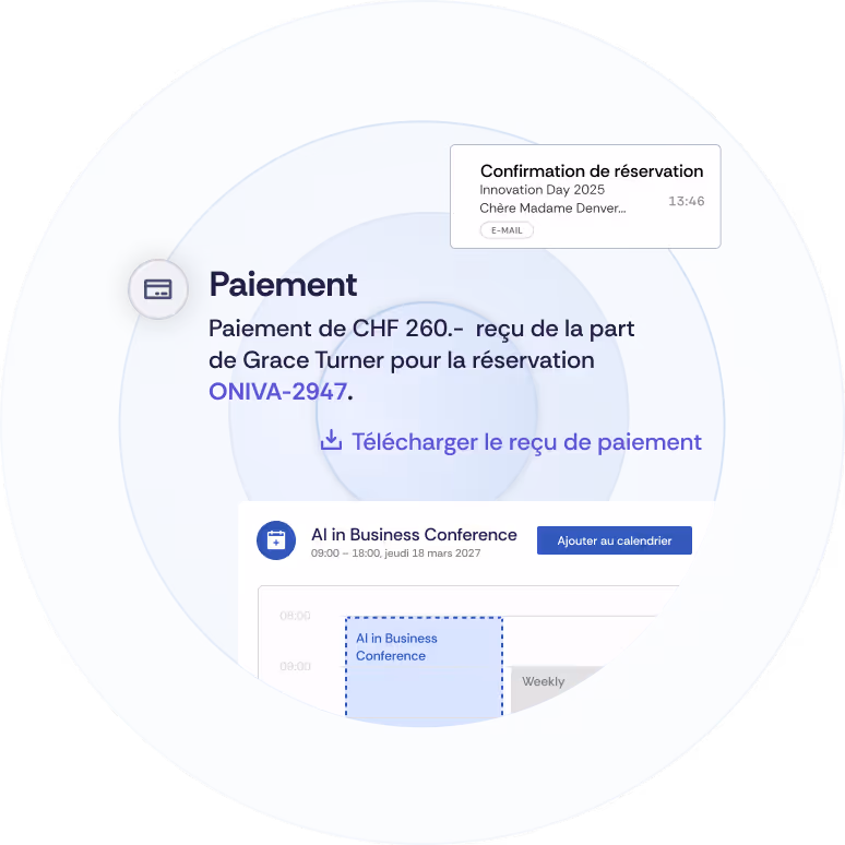 Extrait d'un historique client qui documente le paiement du client. En dessous, vous pouvez voir un fichier calendrier qui peut être ajouté à votre propre calendrier. Il est également possible de télécharger un reçu de paiement.