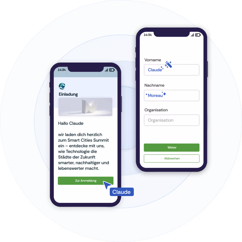 Illustration of two smartphones. One shows a personalised event invitation for Claude Moreau. The second smartphone shows the event registration page, with the registration form already filled in.