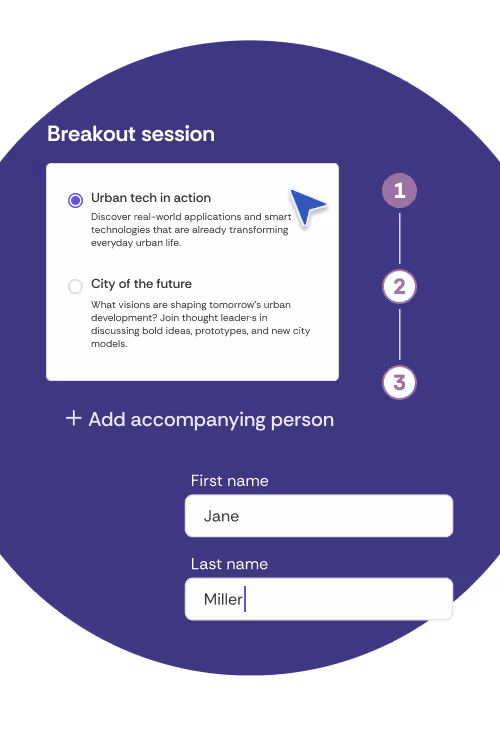 Illustration of various sections of the registration process. Steps one to three are shown, along with the choice between two breakout sessions and finally the registration form.