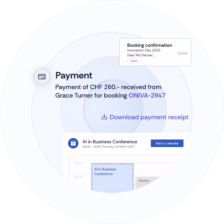 Excerpt from a guest history documenting the guest's payment. Below this is a calendar file that can be added to your own calendar. It is also possible to download a payment receipt.