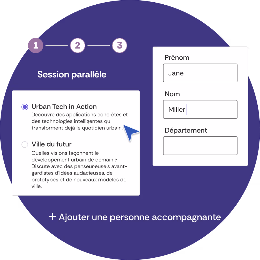 Illustration de différentes étapes du processus d'inscription. On peut voir les étapes un à trois, le choix entre deux sessions en petits groupes et enfin le formulaire d'inscription.