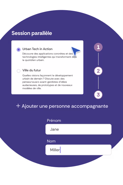 Illustration de différentes étapes du processus d'inscription. On peut voir les étapes un à trois, le choix entre deux sessions en petits groupes et enfin le formulaire d'inscription.