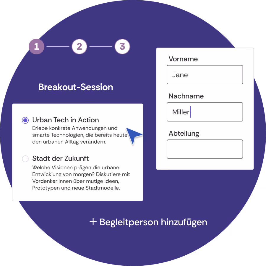 Illustration verschiedener Ausschnitte aus dem Anmeldeprozess. Zu sehen sind die Schritte eins bis drei, die Auswahl zwischen zwei Breakout-Sessions und zuletzt das Anmeldeformular.