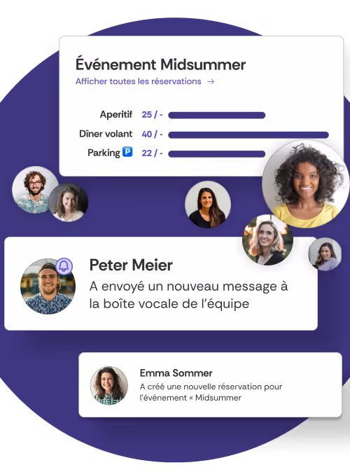 Une compilation de différentes fonctionnalités de gestion des participants, notamment les photos de profil, une notification de commentaire, une barre de contingentement provenant du tableau de bord de l'événement et une notification de réservation.