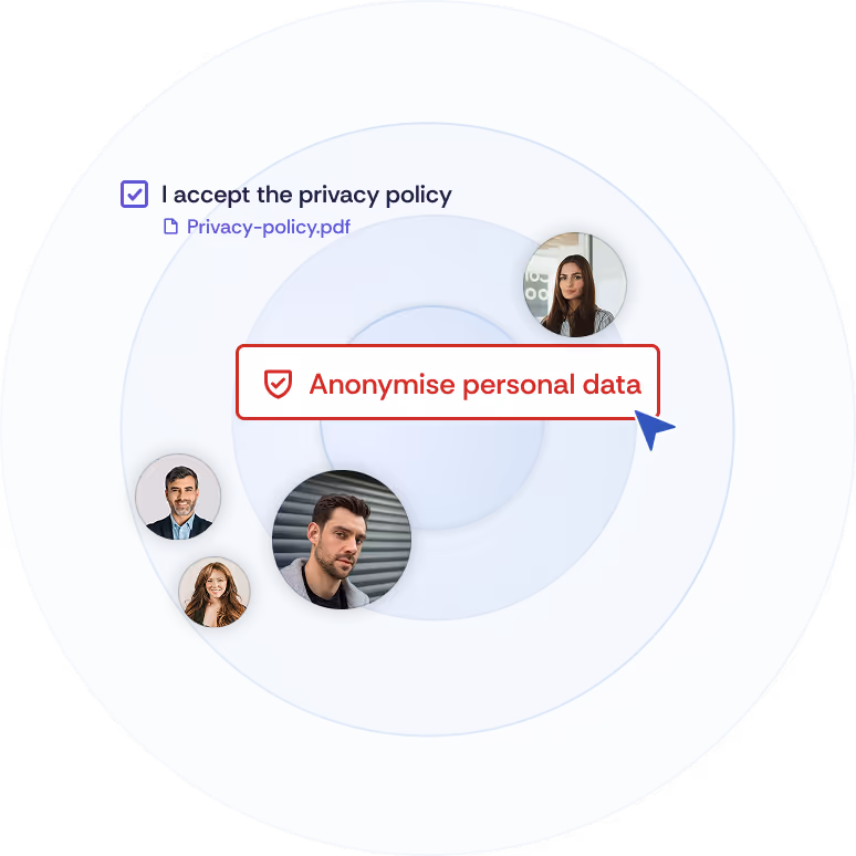 Illustration of various guests, the option to accept the organiser's privacy policy, and the function to anonymise all personal data after the event.