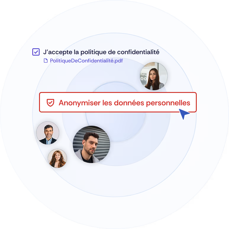 Illustration de différents invités, possibilité d'accepter les dispositions relatives à la protection des données de l'organisateur et fonction permettant d'anonymiser toutes les données personnelles après l'événement.