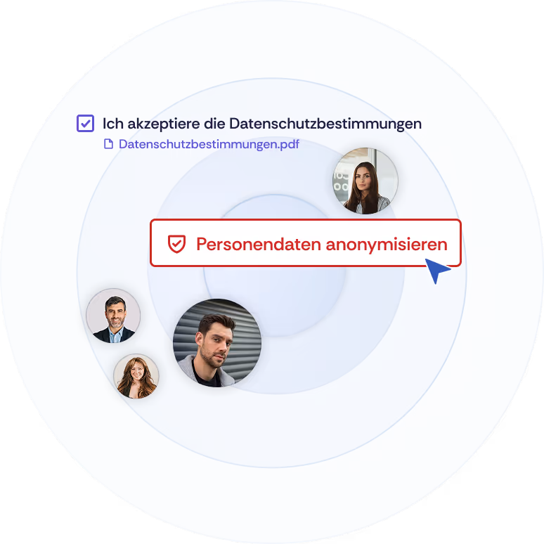 Illustration verschiedener Gäste, der Möglichkeit, die Datenschutzbestimmungen des Veranstalters zu akzeptieren, sowie der Funktion, nach dem Event alle Personendaten zu anonymisieren.