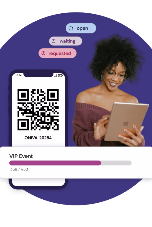 The image shows a photo of a woman using a tablet. Next to her are a personalised event badge, a quota bar from the event dashboard and several event statuses such as ‘Requested’, “Open” and ‘Waiting’.
