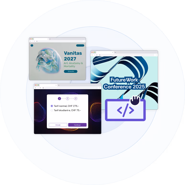Extraits de trois sites web événementiels dans lesquels le formulaire d'inscription Oniva a été intégré via iFrame.