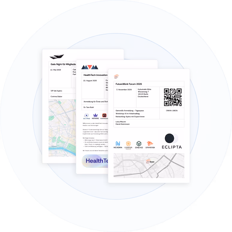 Drei unterschiedlich konfigurierte E-Tickets mit Sponsorenlogos, Anfahrtsplan und weiteren Informationen.