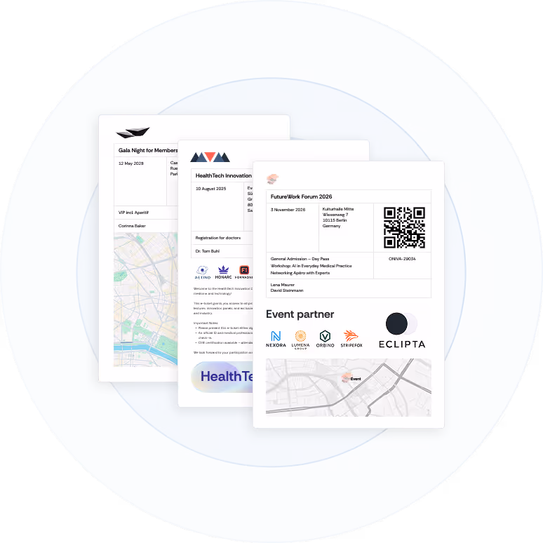 Three differently configured e-tickets with sponsor logos, directions and further information.