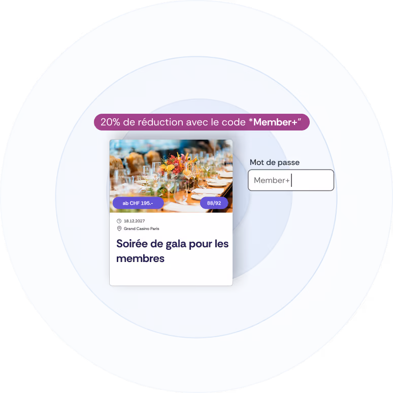 Un aperçu de l'événement avec une bannière indiquant une réduction de 20 % pour les membres.