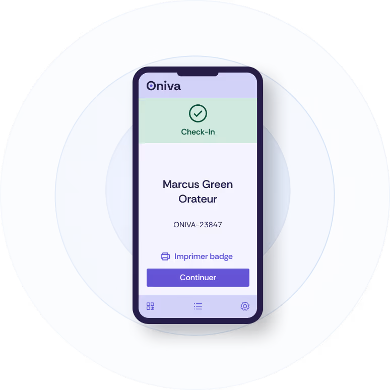 Capture d'écran de l'application Oniva Check-in après avoir scanné avec succès un billet électronique.