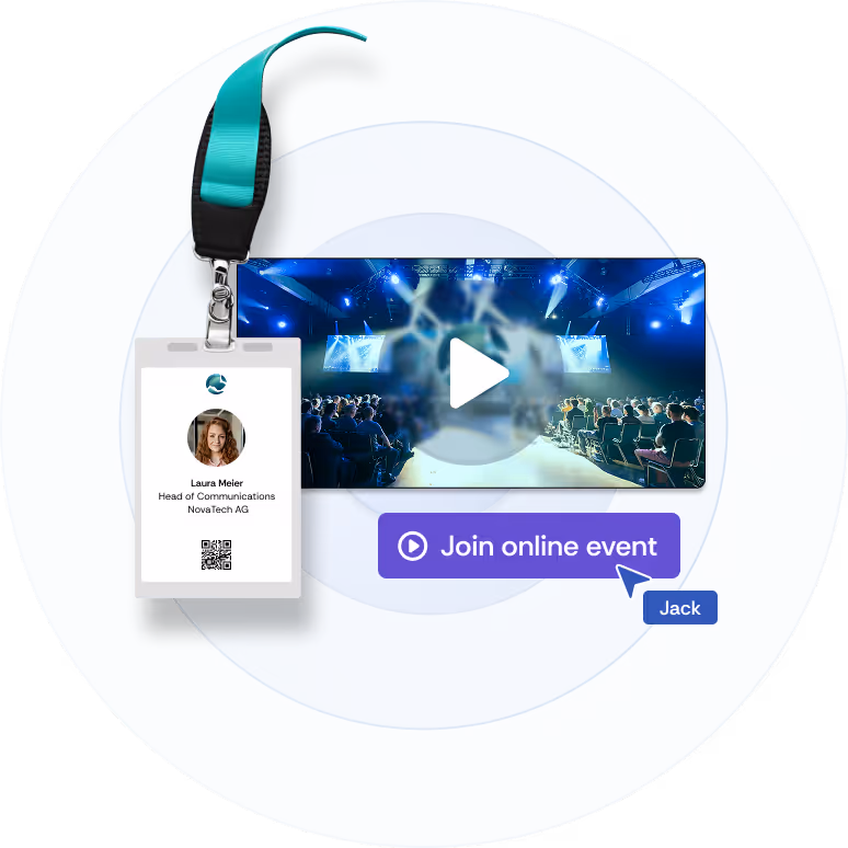 Illustration of a video player showing a live event. Next to it is an event badge in the same design.