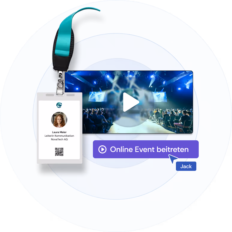 Illustration eines Videoplayers, auf dem ein laufender Event zu sehen ist. Daneben ist ein Event-Badge im gleichen Design zu sehen.
