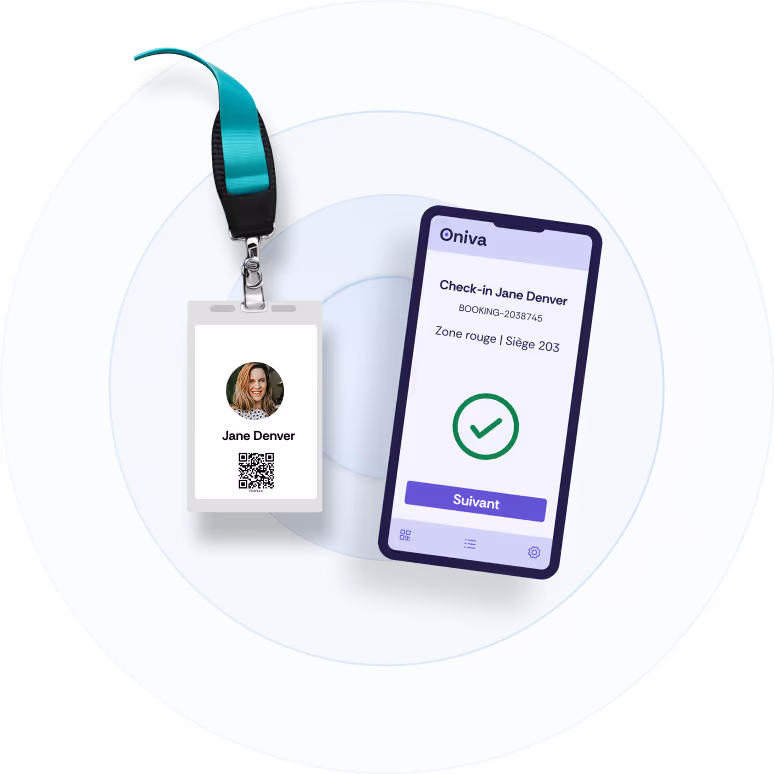 Illustration de l’application de check-in d’Oniva ainsi que d’un badge pour une fête d’anniversaire