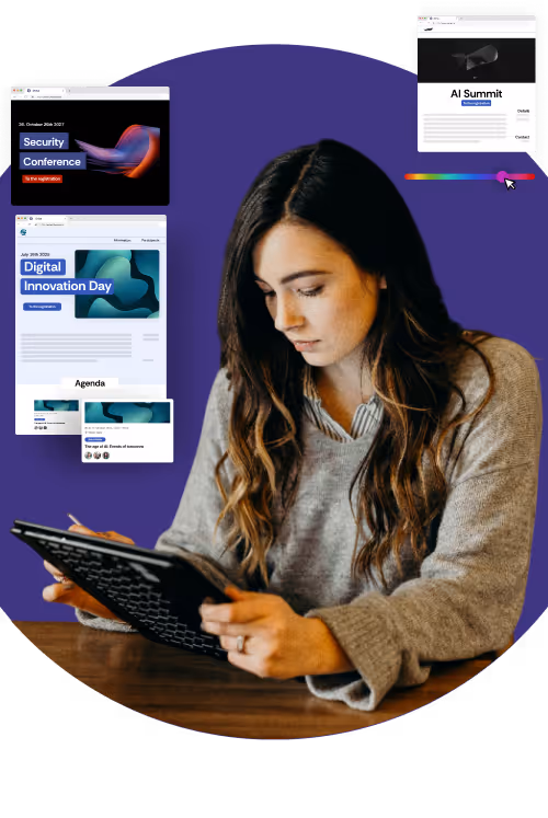 Image of a woman holding a tablet. Behind her you can see various event website designs.