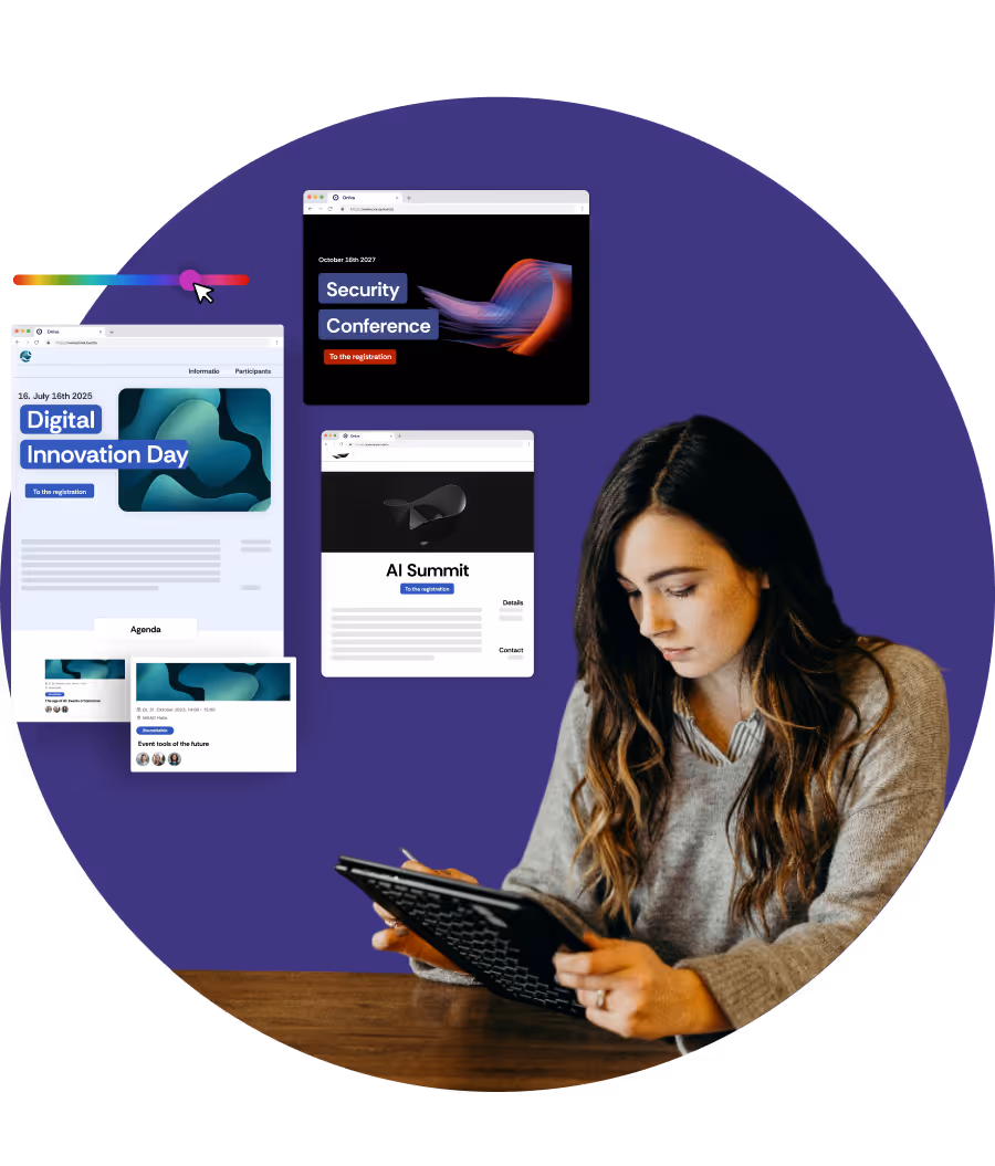 Image of a woman holding a tablet. Behind her you can see various event website designs.