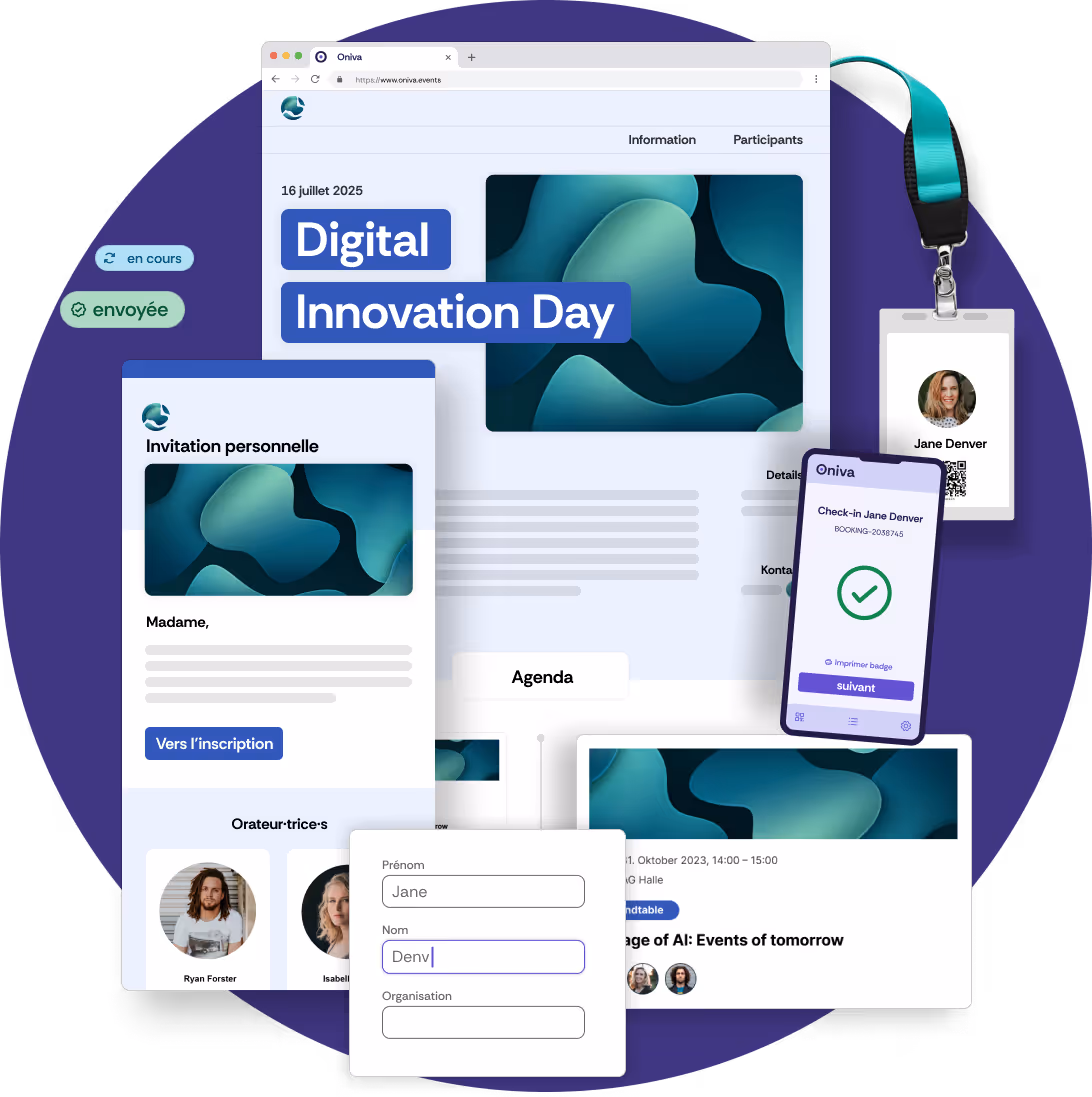 Capture d'écran d'un site web d'événement, d'un agenda d'événement, d'une invitation par e-mail et de l'application d'enregistrement avec la même marque, réalisée avec le logiciel événement Oniva.