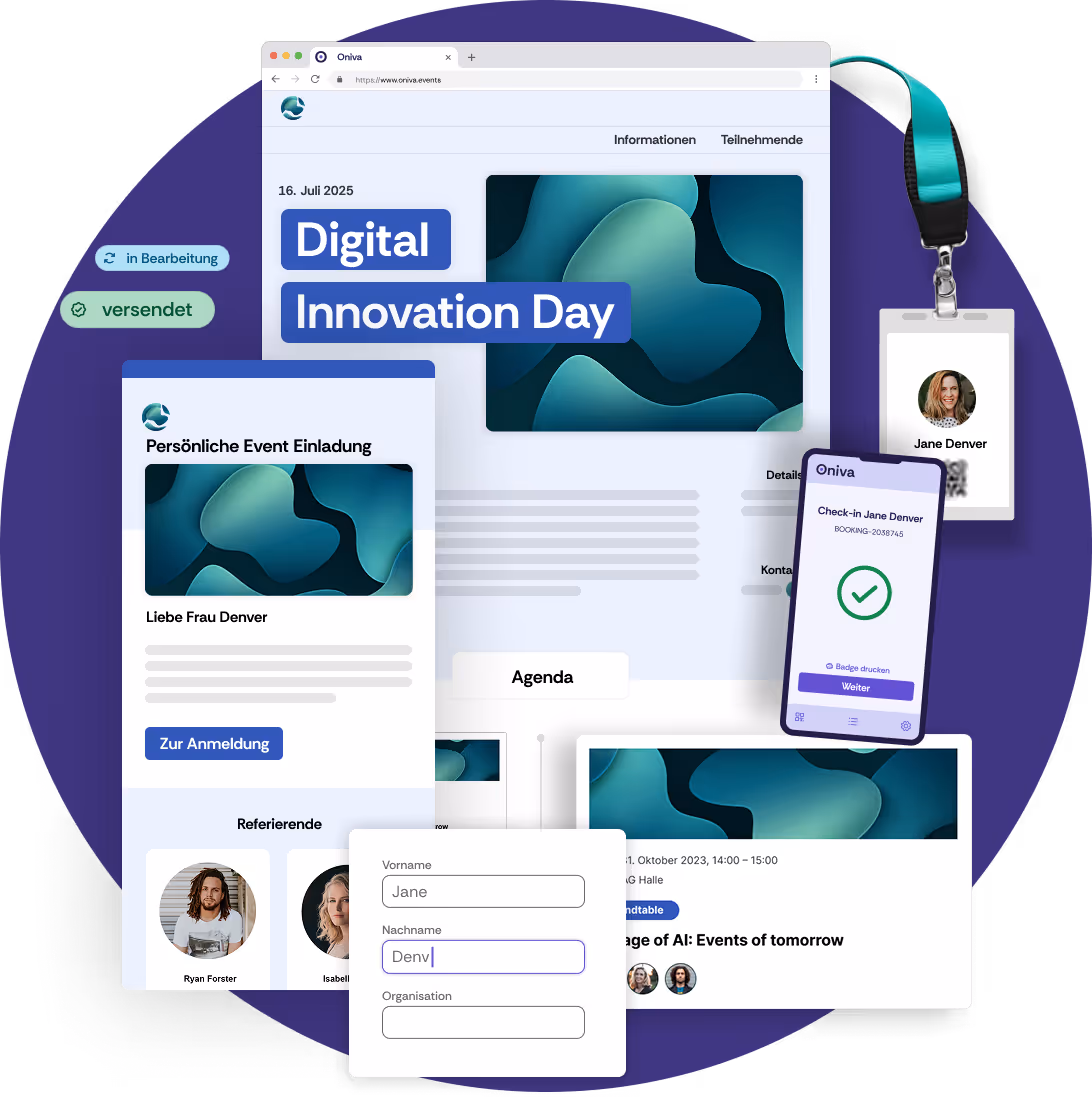 Screenshot einer Event-Website, einer Event-Agenda, einer E-Mail-Einladung und der Check-In-App im gleichen Branding, erstellt mit der Oniva Event Software.