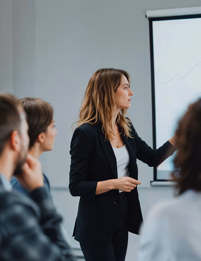 Eine Frau in Business-Kleidung präsentiert Daten auf einer Projektionsfläche einer Gruppe von Kollegen, die in einem Besprechungsraum sitzen.