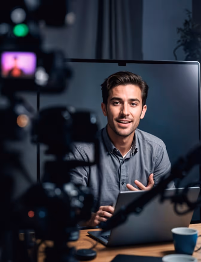 Ein Mann spricht mit der Videokamera, während er hinter seinem Laptop sitzt.