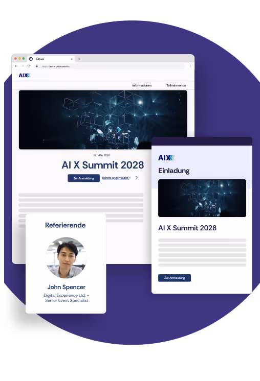 Eine Event-Website, Einladung und ein Speaker für eine Konferenz.