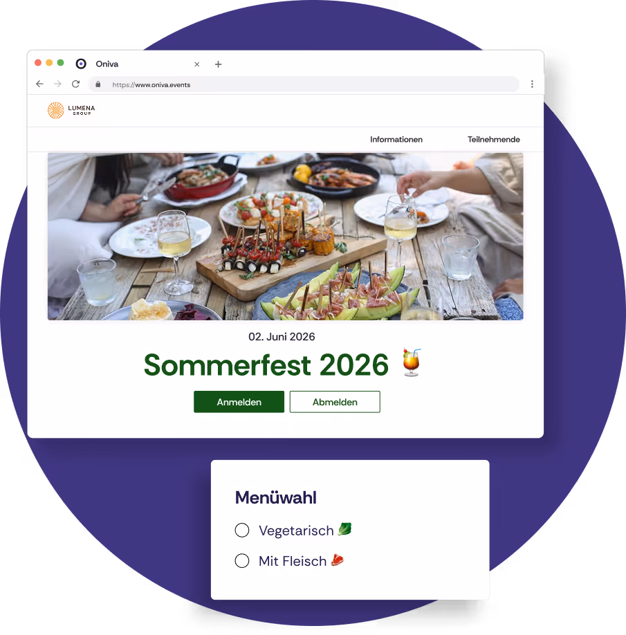 Eine Event-Website für ein Sommerfest. Darunter wird die Anfrage nach dem Menü angezeigt.