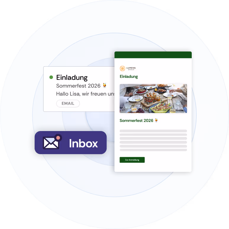Ein Screenshot einer Event-Einladung neben der Vorschau im E-Mail-Programm.